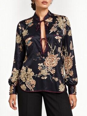 ETRO 95% Silk Dark Floral Blouse Keyhole Tie Front Mandarin Collar Luxury 42 US6